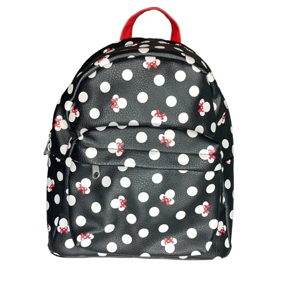 DISNEY Parks Minnie Backpack Black White Polka Dot Red Straps